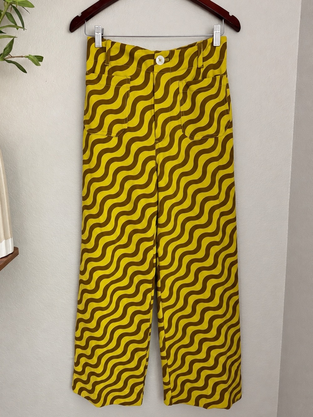 Maeve Anthropologie Colette Pants 30T Maize Retro Wave Wide Leg High Rise